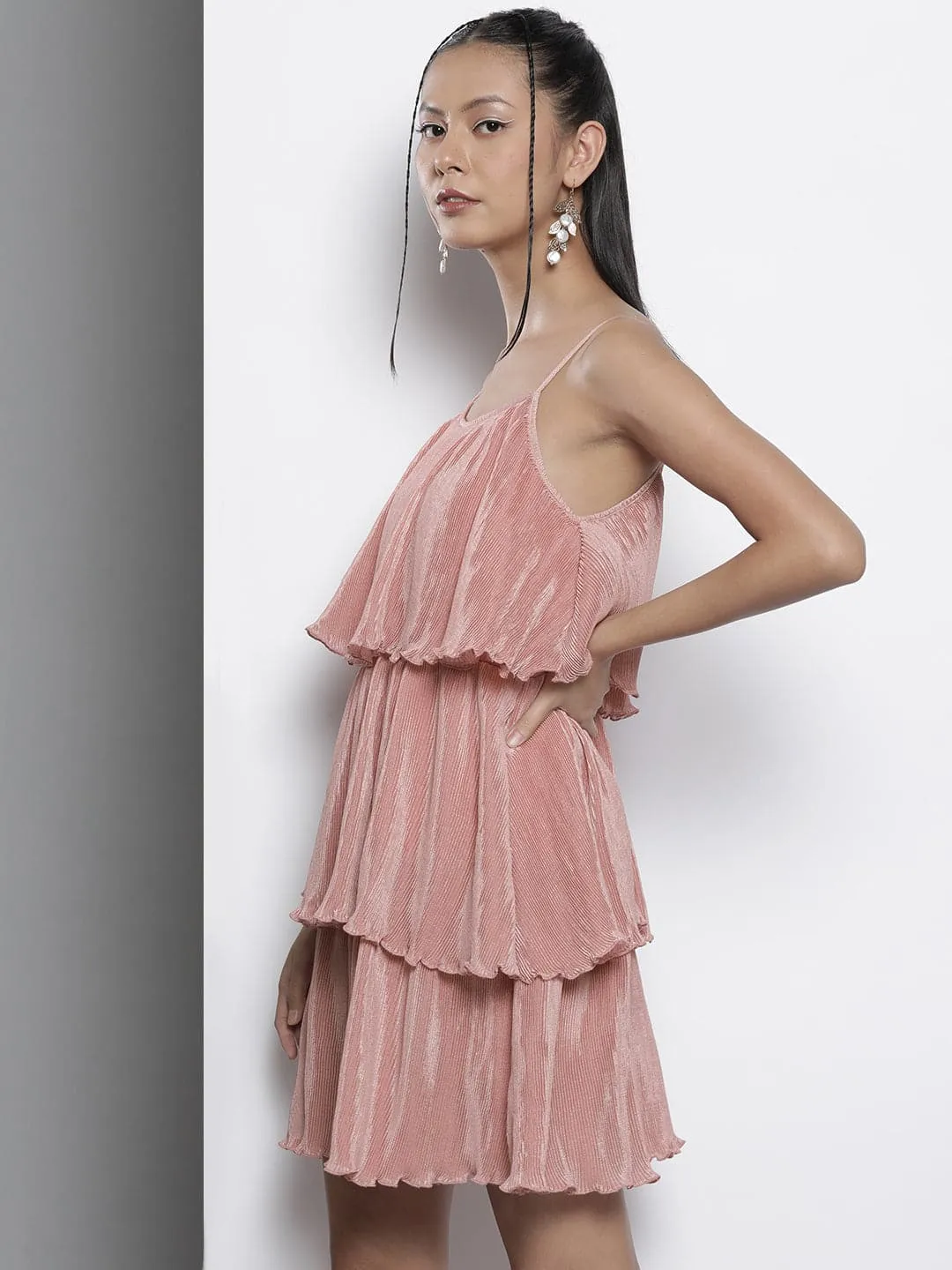 Women Pink Pleated Chinon Frill Dress