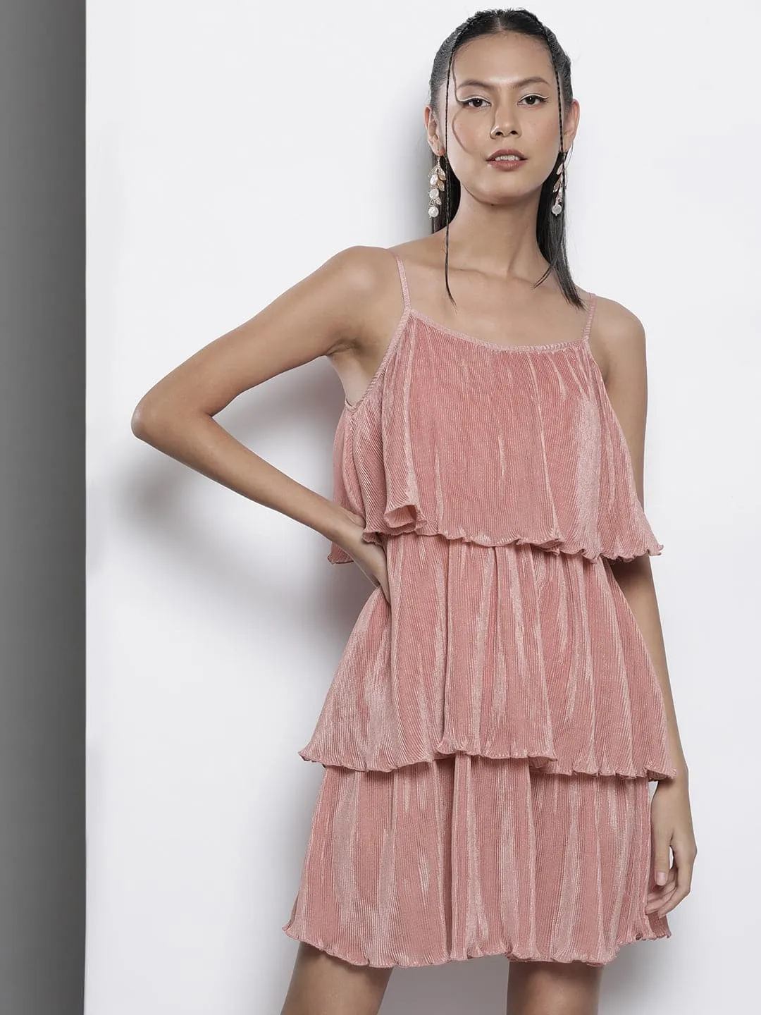 Women Pink Pleated Chinon Frill Dress