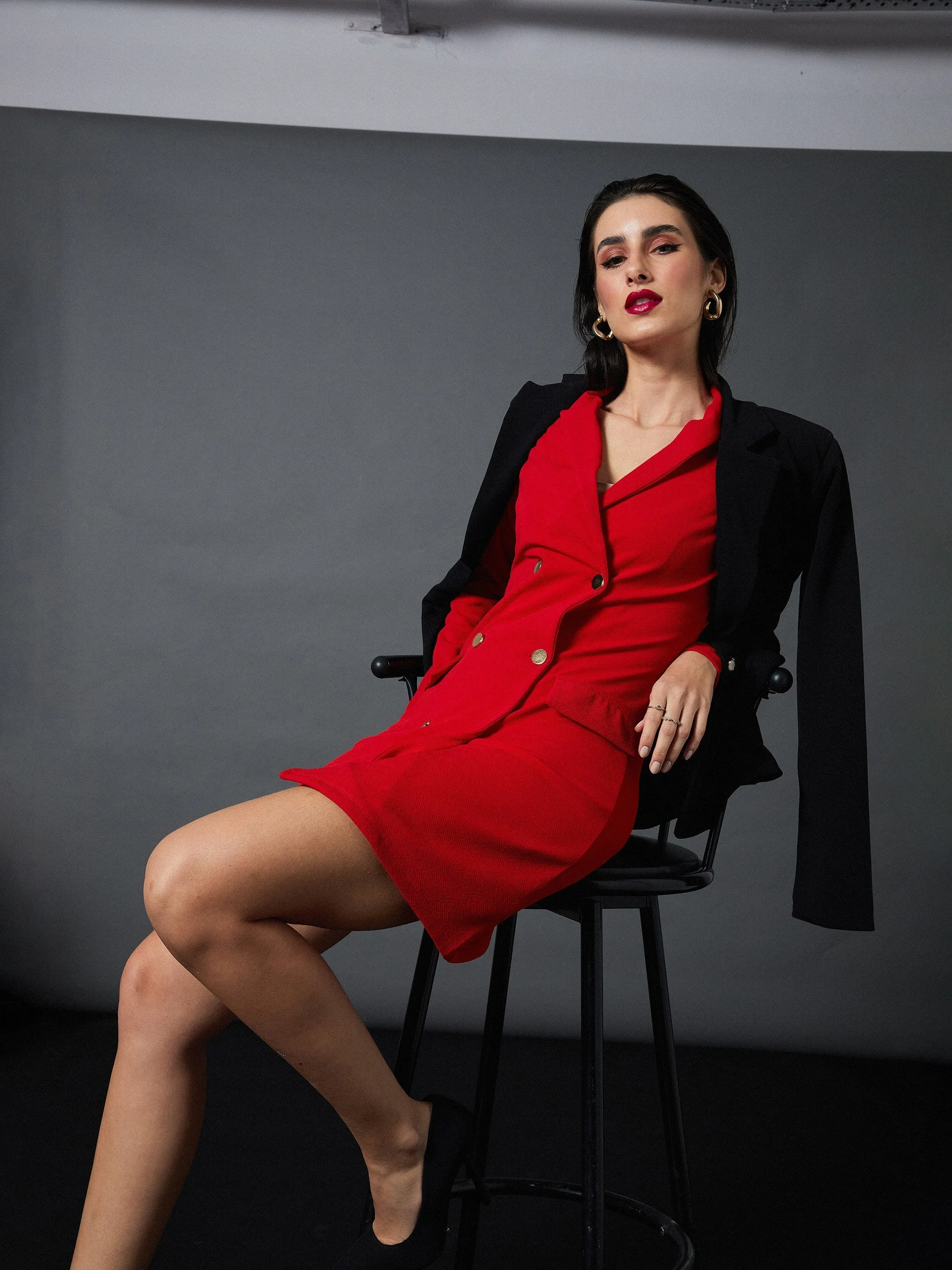 Women Red Double Breasted Blazer Dress