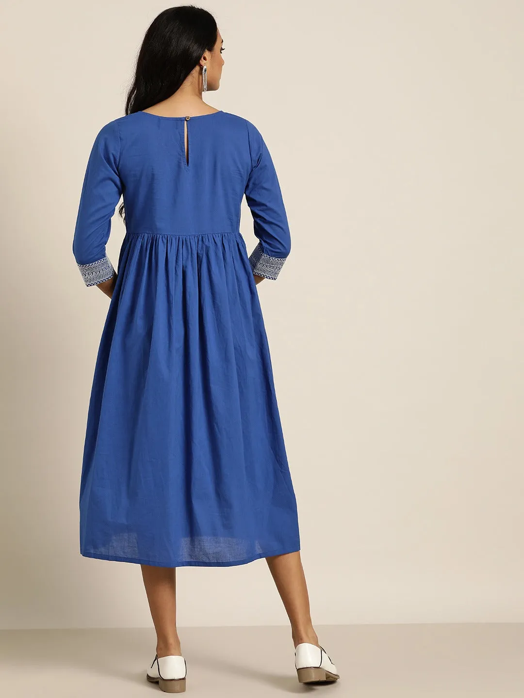 Women Royal Blue Cuff Embroidered Gathered Dress