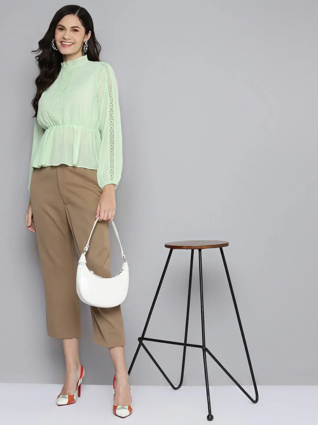 Women Sea Green Balloon Sleeve Peplum Top