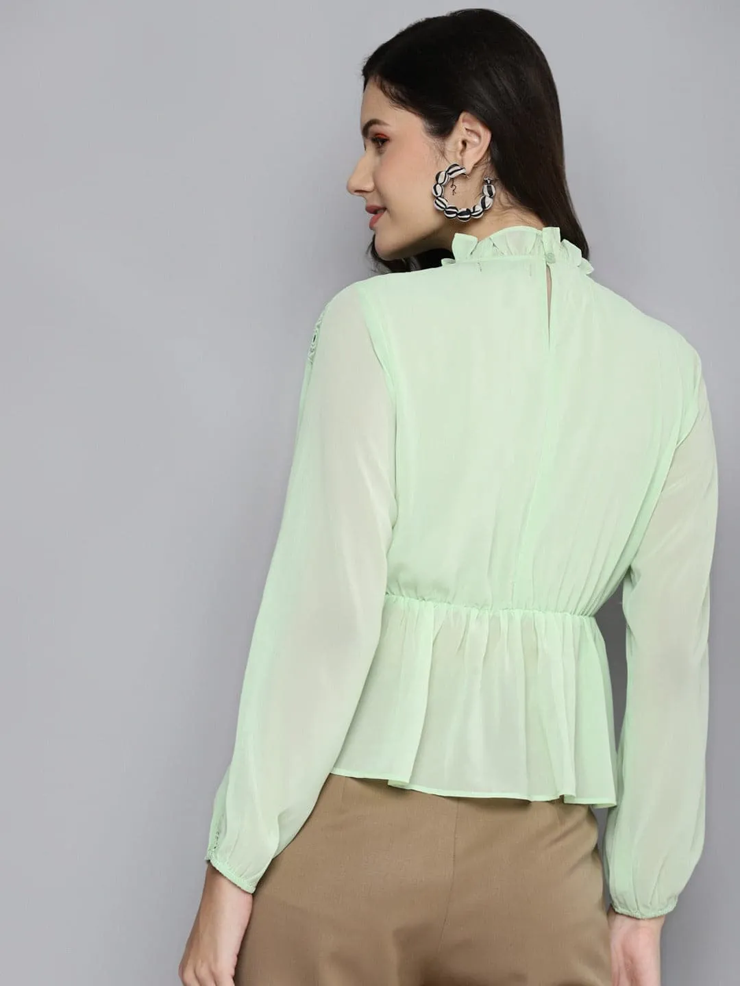 Women Sea Green Balloon Sleeve Peplum Top