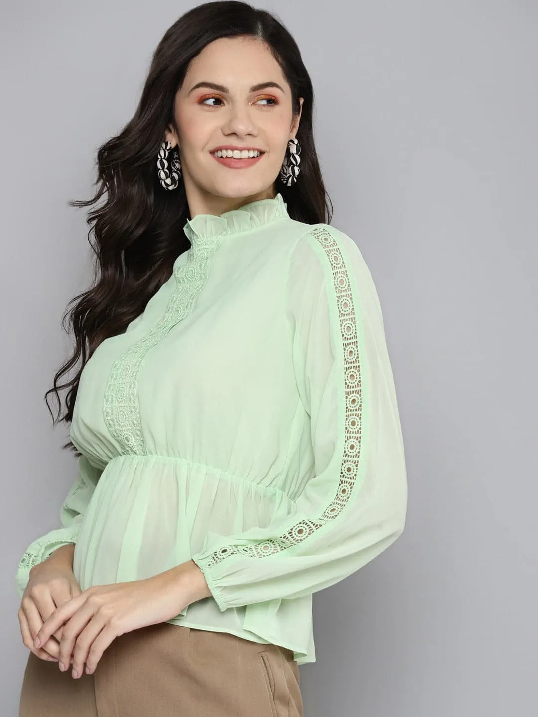 Women Sea Green Balloon Sleeve Peplum Top