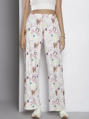 Women White Text Print Straight Pants