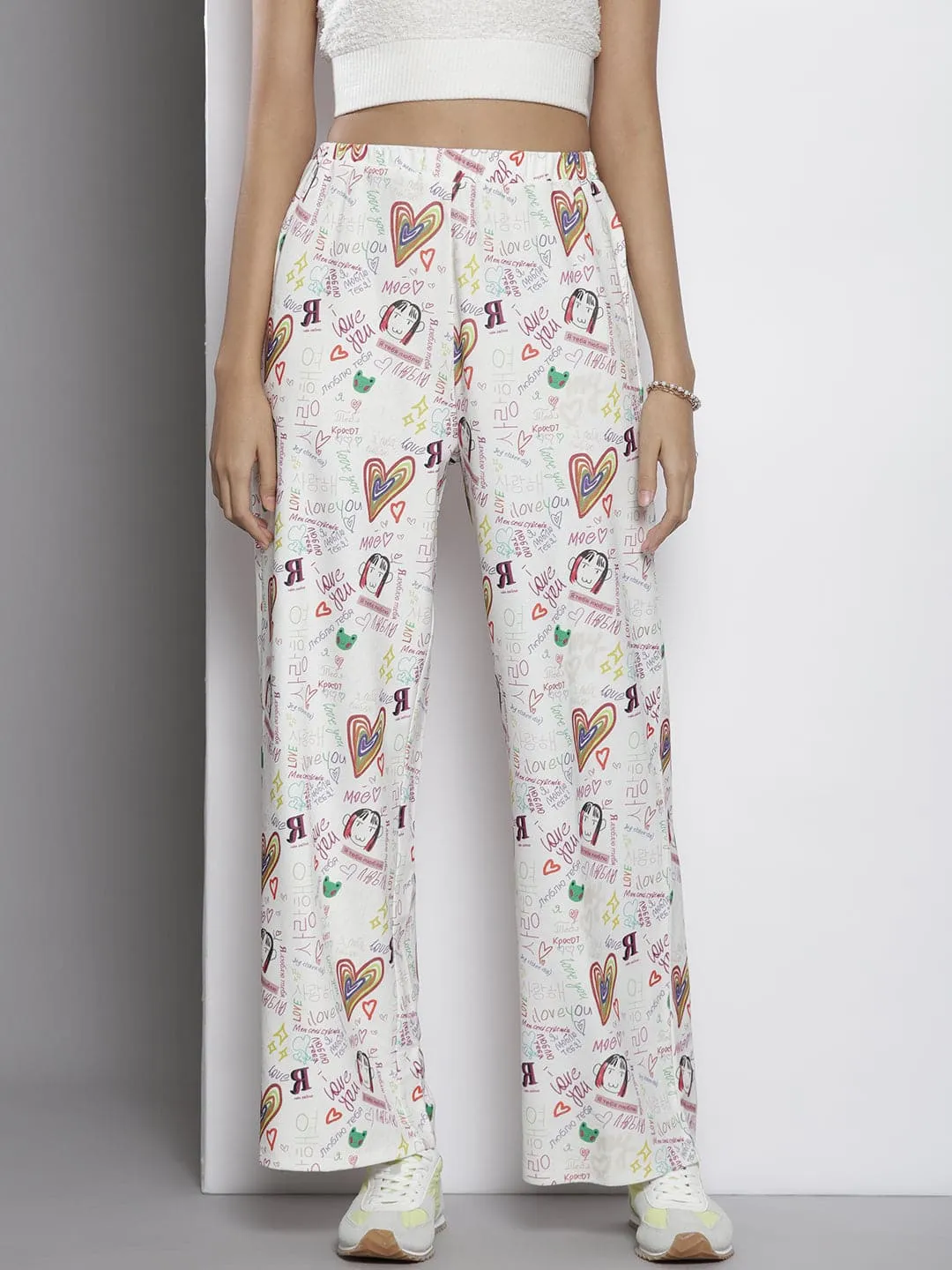 Women White Text Print Straight Pants