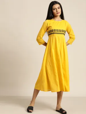 Women Yellow Waist Embroidered Anarkali Dress