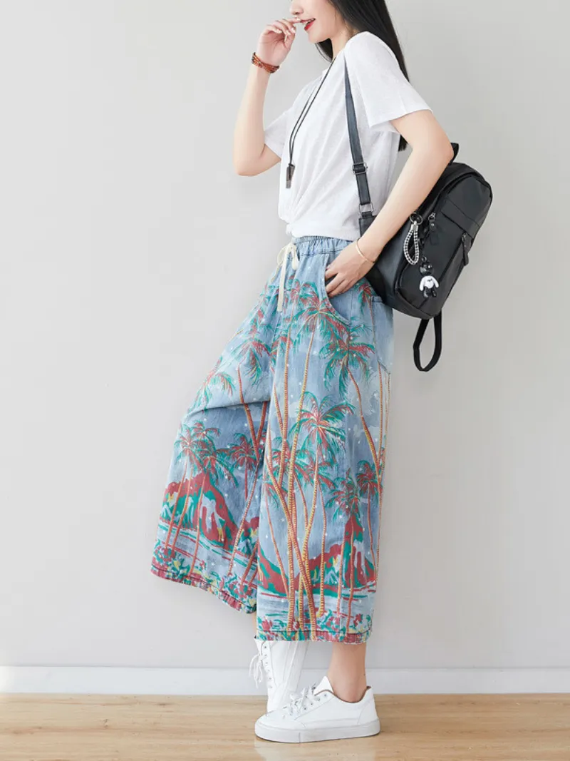 Women's Elastic Waist jeans Wide Leg Printed Pants Bottom