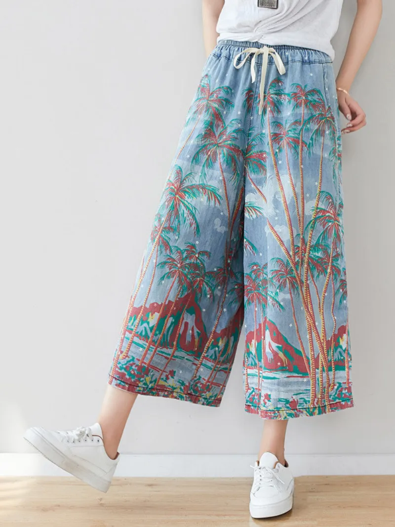 Women's Elastic Waist jeans Wide Leg Printed Pants Bottom