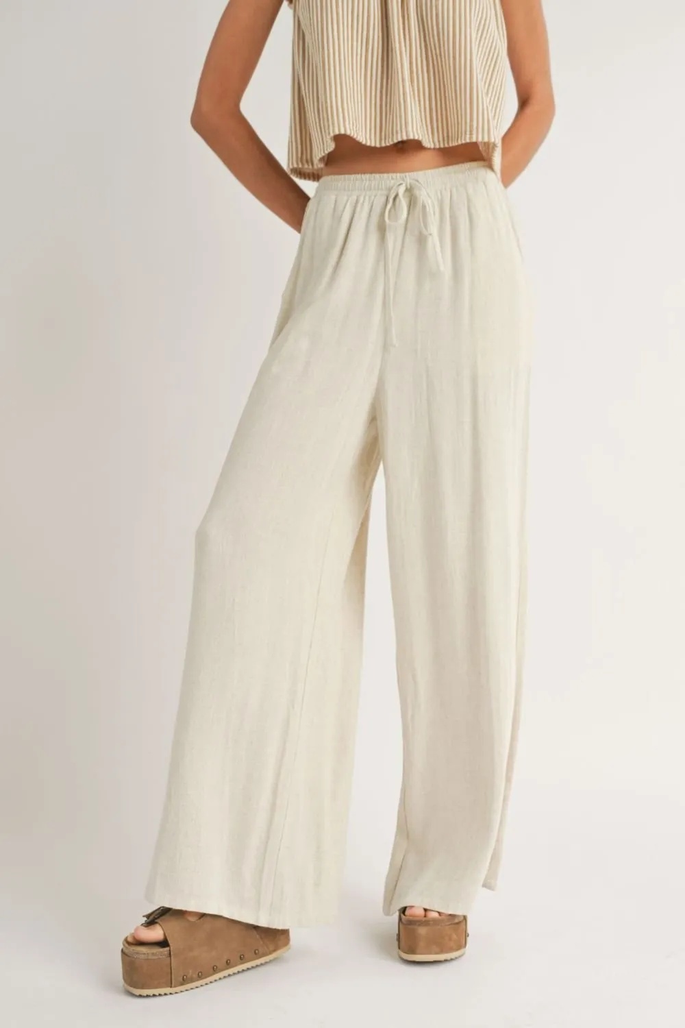 Women's Linen Blend Wide Leg Summer Pants | Oatmeal