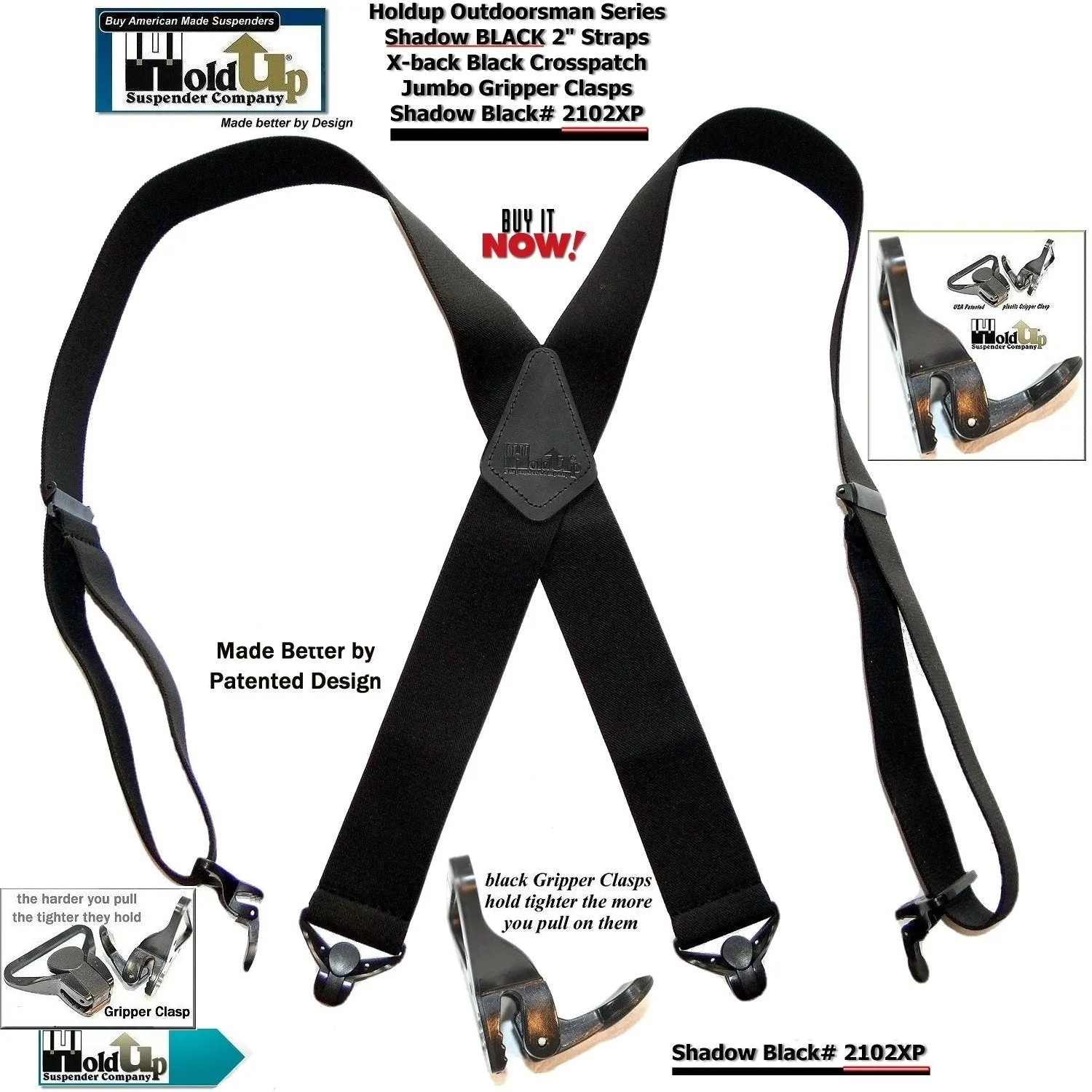 X-back Holdup Shadow Black Heavy Duty Work Suspenders with jumbo USA Patented Gripper Clasps