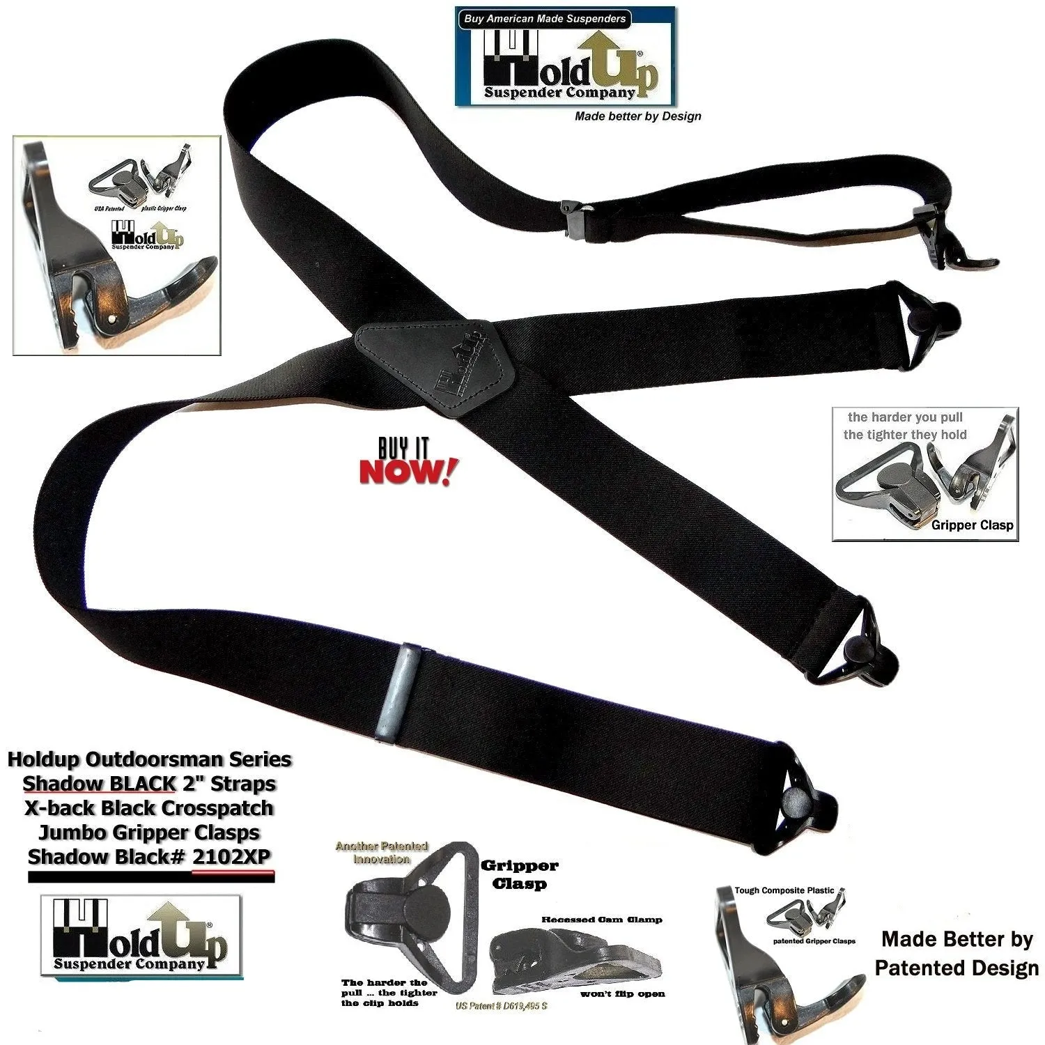 X-back Holdup Shadow Black Heavy Duty Work Suspenders with jumbo USA Patented Gripper Clasps